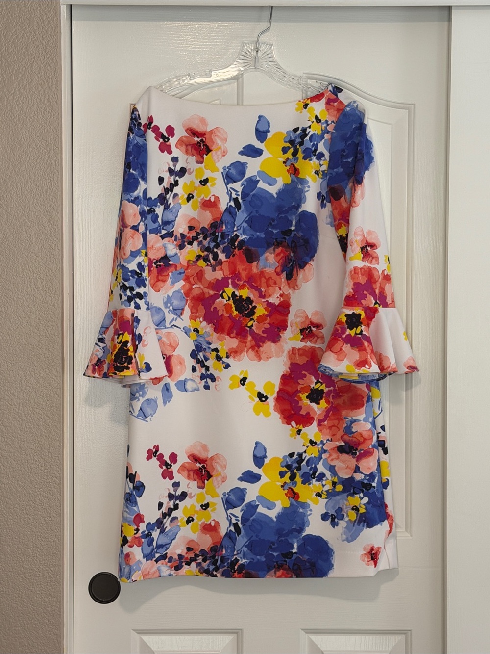 Tahari White Floral Bell-Sleeve Midi Dress